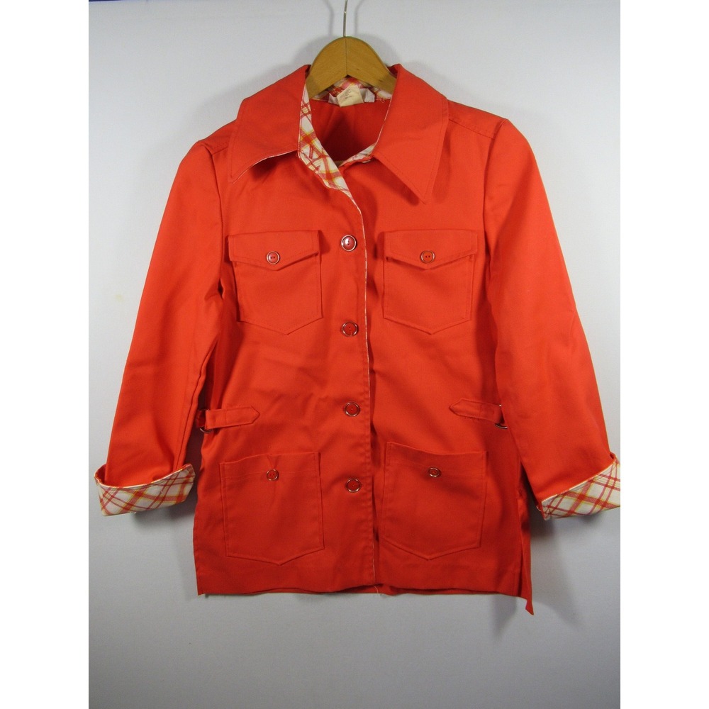Vintage 70s Jacket Women Orange Cotton Polyester Blend White Stag Mod
